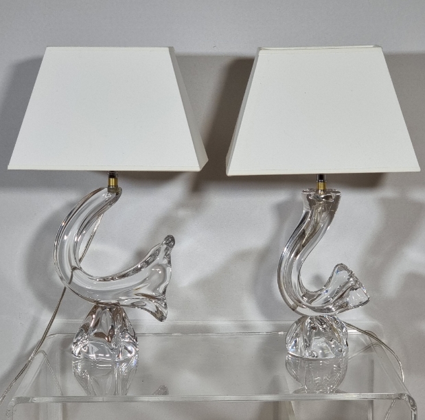Daum- Pair of small sized Hen and Rooster crystal lamps, circa