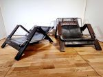 Sonja Wasseur -Paire de fauteuils « Grass hopper » à dossier inclinable à crémaillère en cuir, bois et chrome, vers 1960/1970